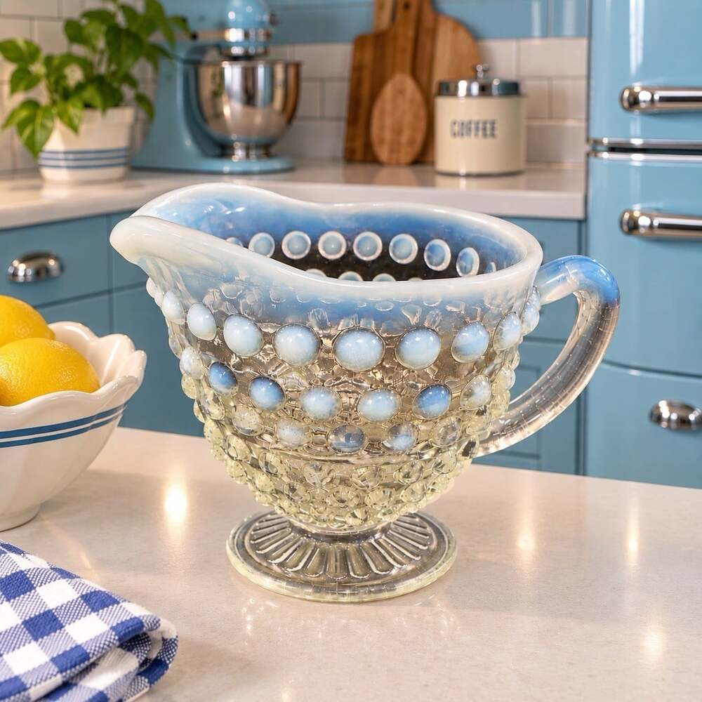 Vintage Anchor Hocking Moonstone Hobnail Creamer Blue Opalescent Footed 1940s